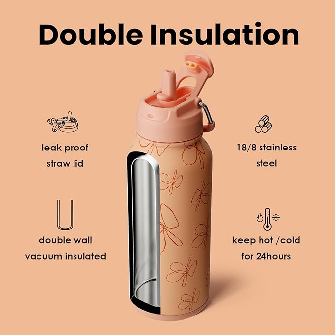 BOTTLE BOTTLE 32oz Insulated Water Bottle Stainless Steel Sport Water Bottle with Straw Dual-use Lid Design for Gym with Pill Box (yellow flower)