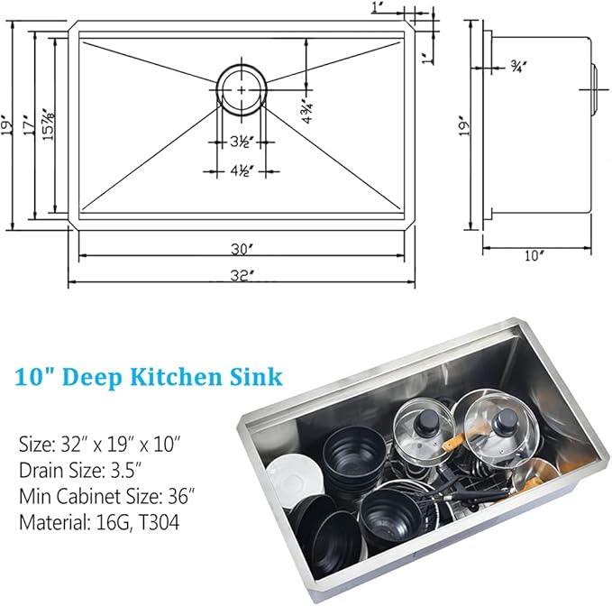 32-inch Undermount Workstation Kitchen Sink Single Bowl 16 Gauge Stainless Steel Kitchen Sink Handmade R10 Deep Basin