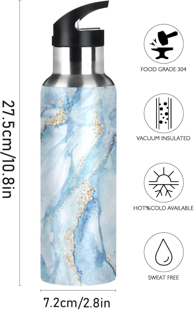 Qilmy Black and White Leopard Water Bottle Vacuum Insulated Stainless Steel Water Bottles with Straw Lid Leakproof Wide Mouth Water Flask for Fitness Outdoor Sports, 20 oz