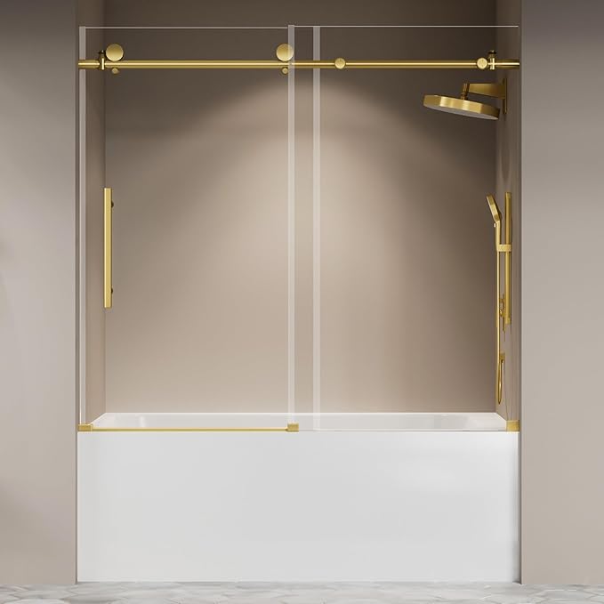 Frameless Bathtub Shower Door 56"-60" W X 59" H,Glass Shower Doors for Tub,Sliding Bathroom Tub Glass Door with Explosion-Proof Film,5/16" (8mm) Clear Tempered Glass,Stainless Steel Frame,Sturdy,Gold