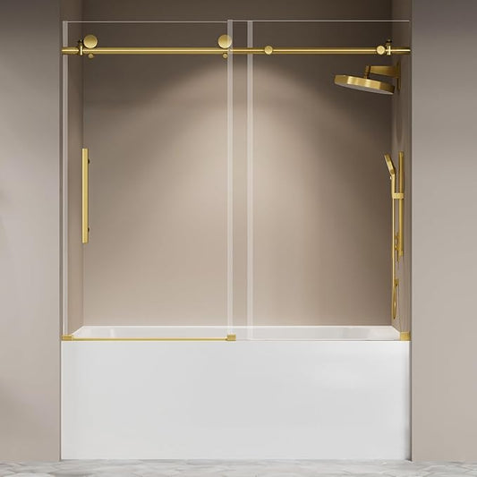 Frameless Bathtub Shower Door 56"-60" W X 59" H,Glass Shower Doors for Tub,Sliding Bathroom Tub Glass Door with Explosion-Proof Film,5/16" (8mm) Clear Tempered Glass,Stainless Steel Frame,Sturdy,Gold
