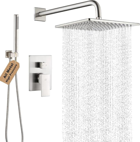 POP SANITARYWARE Shower Faucet Set Brushed Nickel Rainfall 10 Inch Shower Head and Handle Set Bathroom Rain Shower System Wall Mounted Shower Fixture Include Shower Valve and Trim Kit