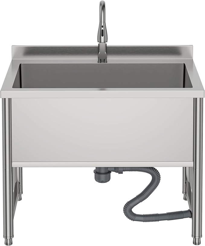 Stainless Steel Commercial Restaurant Sink, Freestanding Large Commercial Sink with Pull-out Faucet for Kitchen Dishwashing, Thawing, Pet Cleaning, Laundry Room, 35 Gallon, 23.6"D x 33.5"W x 36.8"H