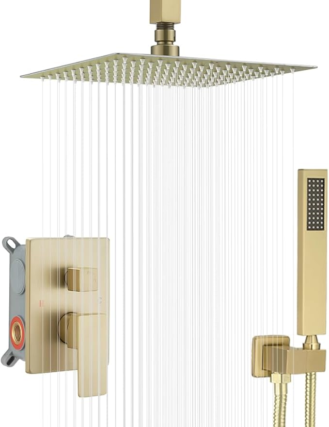 10 Inch Ceiling Mounted Shower System Rain Mixer Shower Combo Set Rainfall Shower Head System ‎Brushed Gold Shower Faucet Rough-in Valve Body and Trim Included
