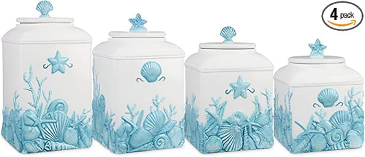 Young's Inc. 4 Pcs Set Blue Lagoon Nautical Ceramic Canisters- Storage Container for Kitchen and Bathroom - Beautiful Home Decor Accent to Store Food, Coffee, Tea, and More - White, Blue