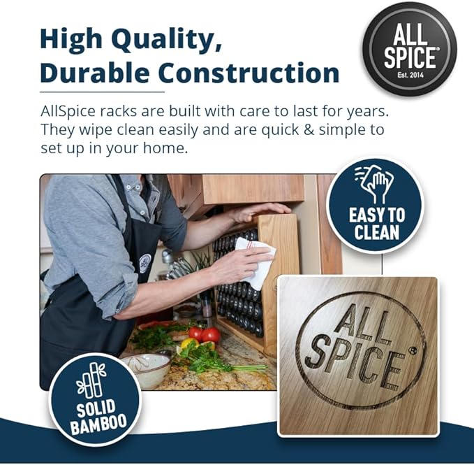 AllSpice Spice Rack Organizer, Wood, 525 Unique Labels, Countertop or Wall Mount, Includes 30 4oz Jars- Matte White