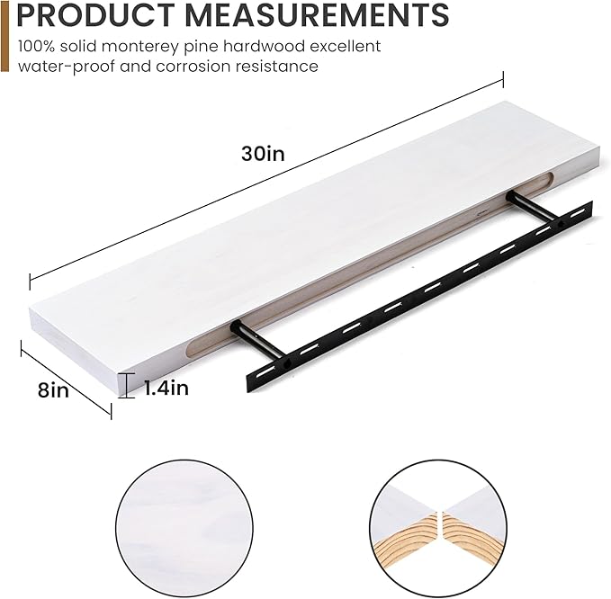 Fun Memories Farmhouse Floating Shelves - 8 Inch Deep Rustic Wood Wall Shelf - Premium Solid Pine Wood Storage Shelf for Kitchen Living Room Bedroom - 30" W x 8" D - Set of 2 - White