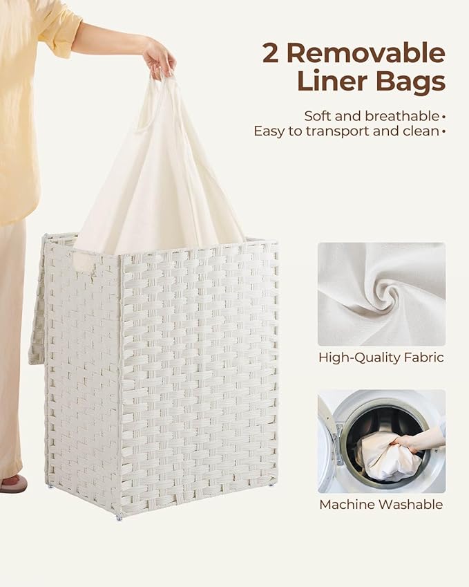 Greenstell Laundry Hamper with 2 Removable Liner Bags，90L Divided Clothes Hamper, Handwoven Synthetic Rattan Foldable Laundry Basket with Lid and Handles White (18.5 x 13.3 x 24.0Inches)
