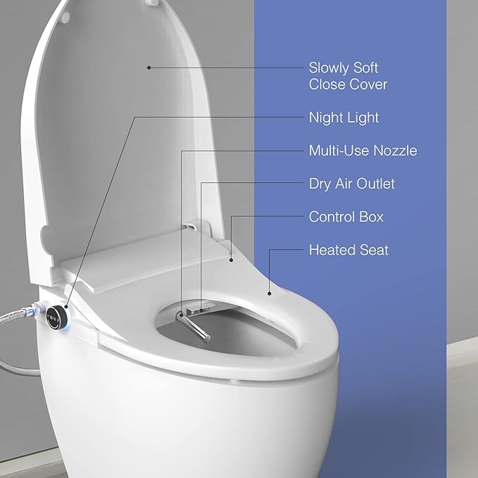 Electric Bidet Toilet Seat Elongated, Heated Toilet Seat with Bidet, Remote Control Wash, Warm Air Dryer, LED Light, Quiet Operation, Stainless Steel Nozzle, Smart Toilets (V Shape)