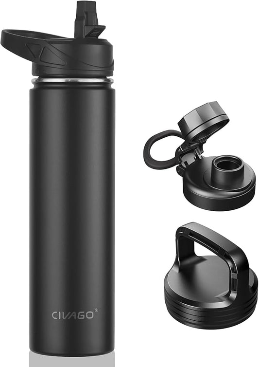 CIVAGO 24 oz Insulated Water Bottle With Straw, Stainless Steel Sports Water Flask Cup with 3 Lids (Straw, Spout and Handle Lid), Double Walled Travel Thermal Canteen Mug, Black
