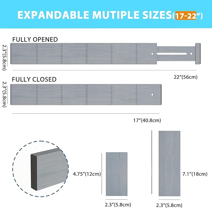 6 Pack Bamboo Drawer Dividers with 12 Inserts, Expandable Adjustable Clothes Drawer Organizers and Storage from 17" to 22" for Kitchen, Bedroom, Dresser, Cosmetics (Gray)