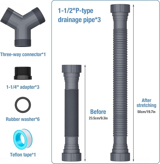 NiHome Expandable Flexible 1 1/2" or 1 1/4" P-Trap Pipe for Double Kitchen Sink, with Adapter Sealing Ring Tape Drain Tubing Pipe Kit for Kitchen Sink Drain & Garbage Disposal (Grey)