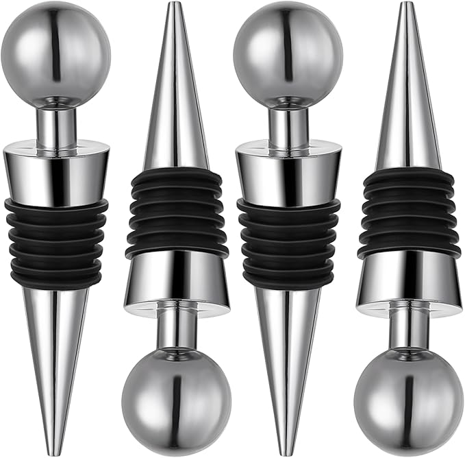 4 Pcs Wine Bottle Corks Wine Bottle Stoppers for Beverage, Reusable Silicone Vacuum Wine Bottle Corks Stopper for Glass Bottles Party Wedding Bar Wine Stopper (Silver)