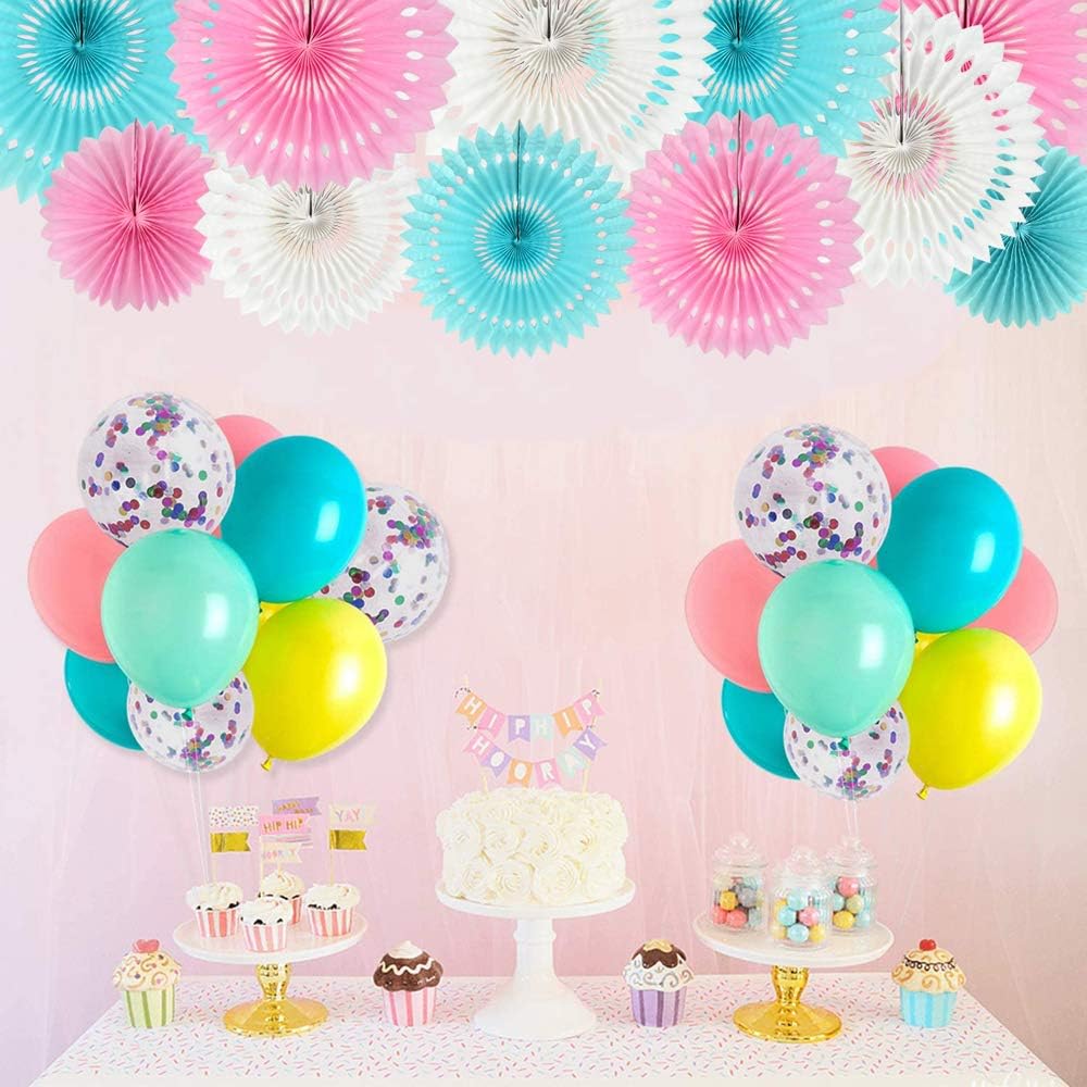 He or She Gender Party Supplies Blue Pink White Hanging Honeycomb Round Paper Fans for Birthday Baby Shower Bachelorette Anniversary Wedding Photo Booth Backdrop Party Decoration(11 Packs)