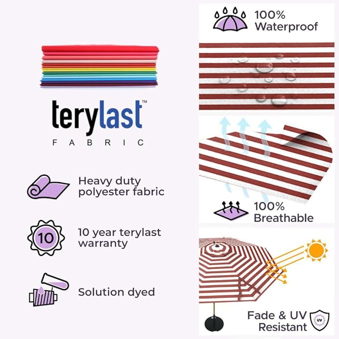 Midtown Umbrellas Push and Pop 10 Feet Outdoor Umbrella, Red/White Stripes Polyester Fabric - Fiberglass Ribs Deck Patio Umbrella, Backyard Umbrella, Garden Umbrella & Pool Umbrella - Black Pole