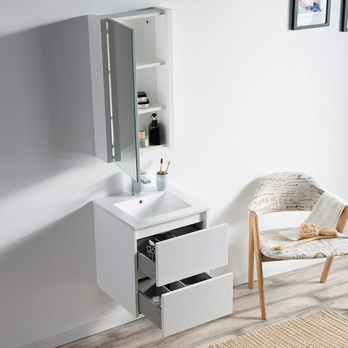 Blossom Valencia 20" Inches Single Bathroom Vanity, Wall Hung Bathroom Vanity with Ceramic Sink, Mirror Medicine Cabinet, All Wood Floating Bathroom Vanity Glossy White 016 20 01MC