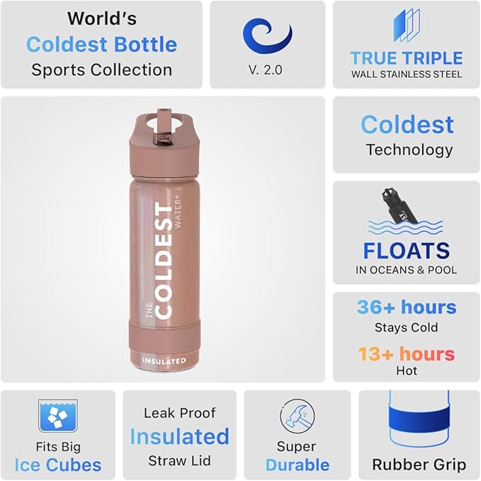 Coldest Sports Water Bottle - Straw Lid Bottle with Handle Leak Proof, Vacuum Insulated Stainless Steel, Double Walled, Thermo Mug, Metal | Rose Gold 18 oz
