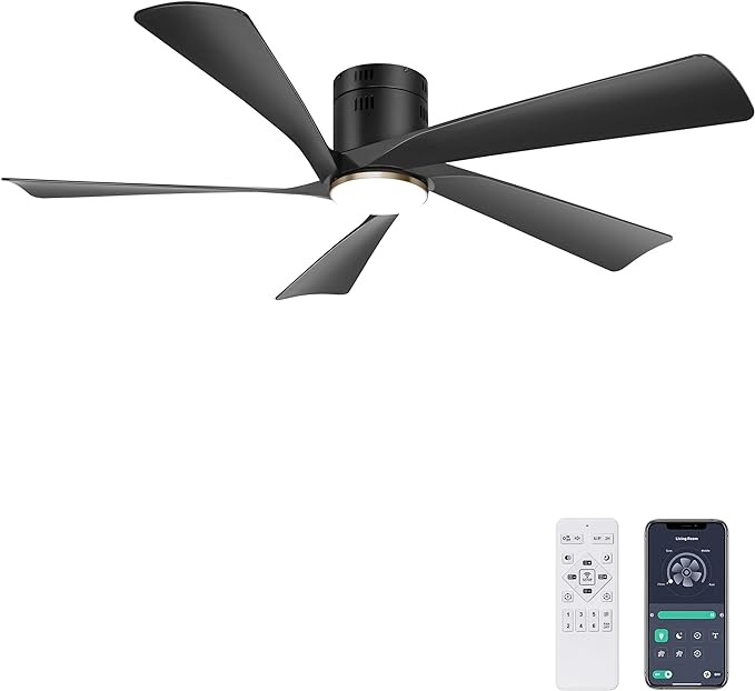 Ohniyou 52” Low Profile Ceiling Fan with Lights, Remote & APP Control Modern Flush Mount Indoor Outdoor Ceiling Fans, Dimmable, Silent DC Motor, Reversible, Black