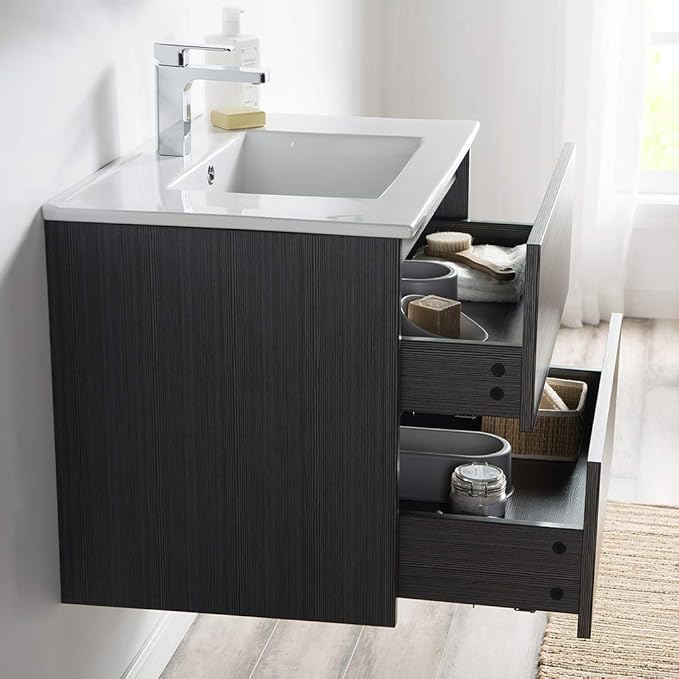 Blossom Single Bathroom Vanity with Ceramic Sink and Mirror Medicine Cabinet | All Wood Floating Vanity Cabinet | 2 Soft-Closing U-Shaped Cutout Drawers | 30 inch, Silver Grey