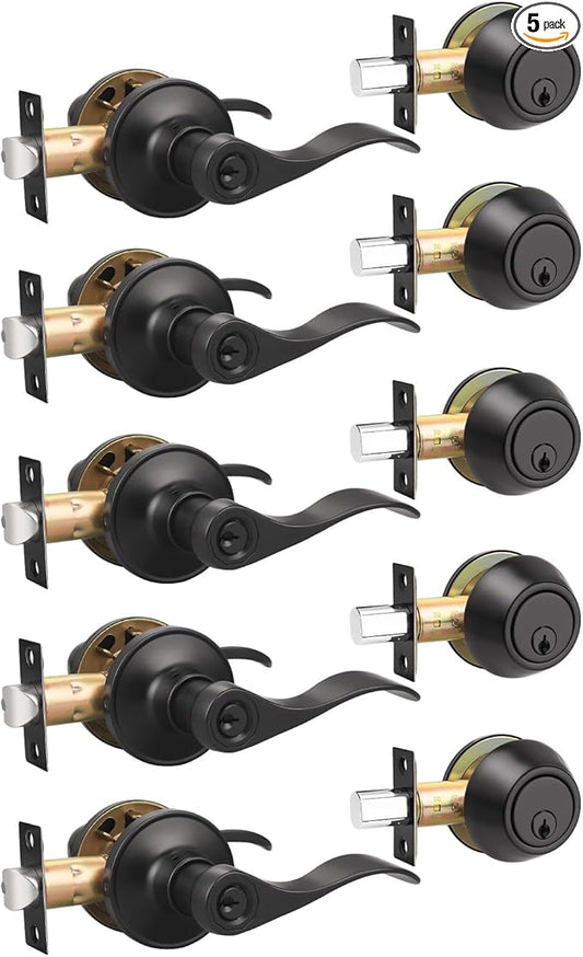 Gobrico 5 Pack Entry Door Handle and Single Cylinder Deadbolt Combo Locksets in Black,Wave Style Lever Style,for Exterior/Front Doors