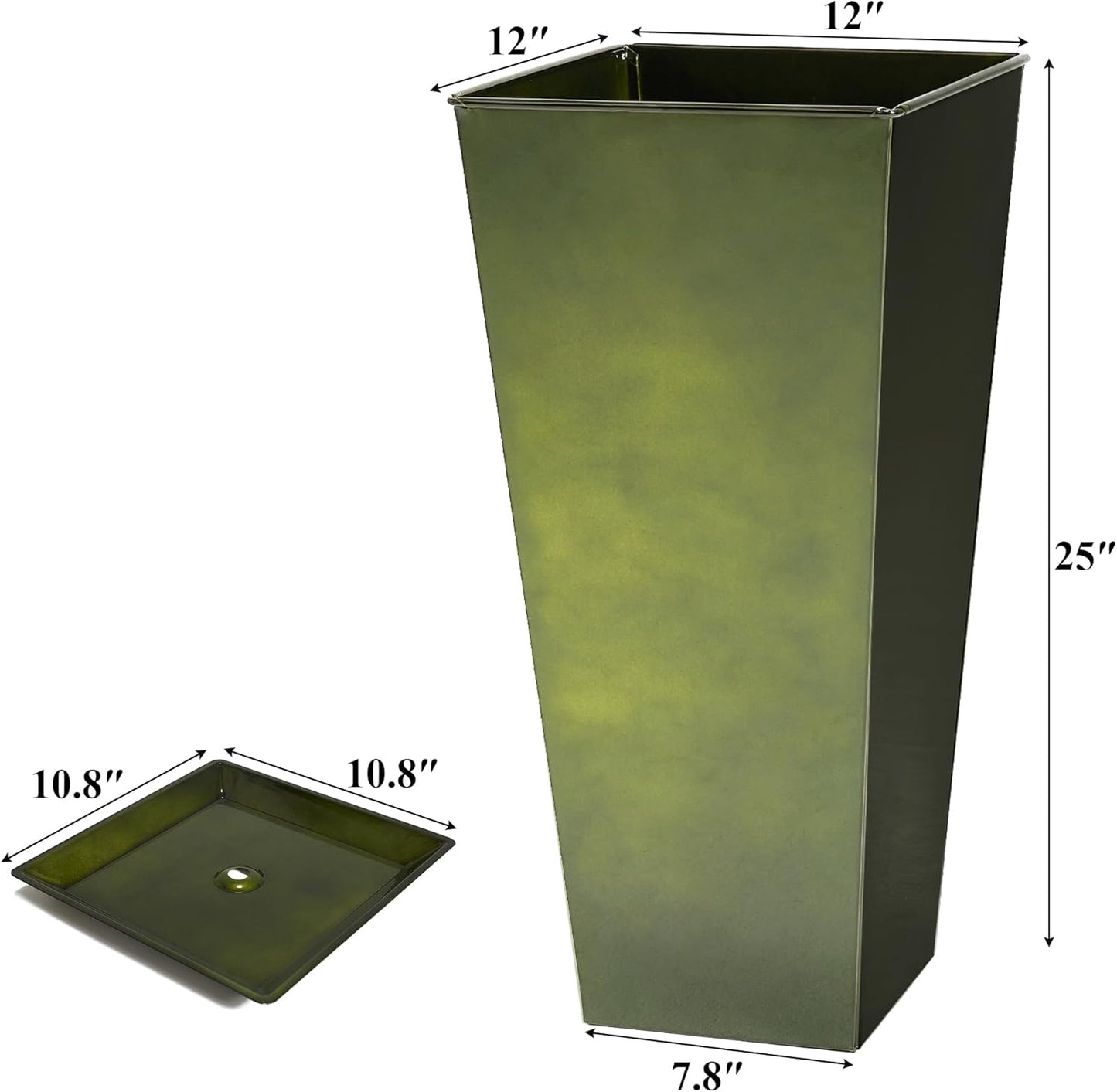 WORTH Garden 25" Large Metal Glazed Planter Set of 2, Luxurious Glossy Finish Green Tall Square Tapered Steel Plant Pots, Decor Flower Pot Indoor & Outdoor, Drainage Hole & Dual-Purpose Plant Saucer