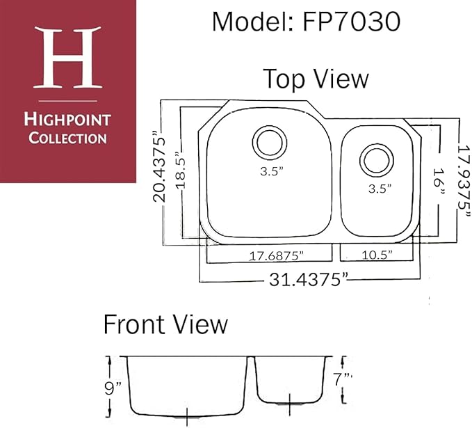 Double Bowl Stainless Steel Sink – Undermount Kitchen Sink, 70/30 Ratio Large & Small Bowl, with Basket Strainer Drains – 18 Gauge Steel, Brushed Finish, Easy Clean Corners FP7030