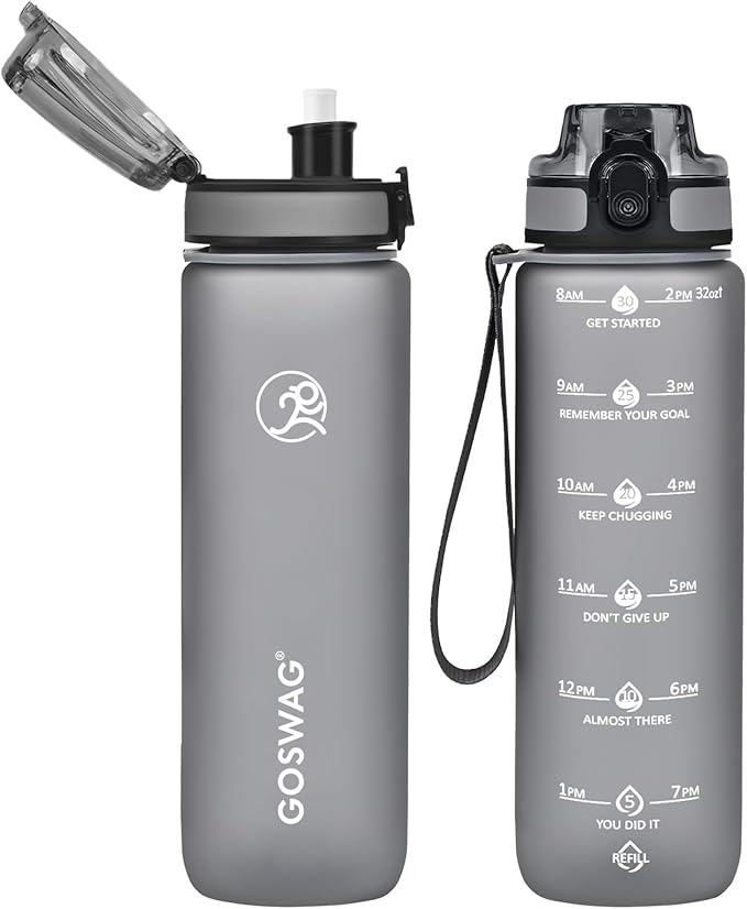 GOSWAG Water Bottles, 32 oz Motivational Sports Water Bottle with Straw and Time Marker to Remind You to Drink, Comes with Carry Strap, Leakproof