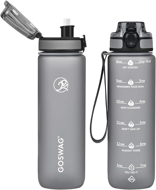 GOSWAG Water Bottles, 32 oz Motivational Sports Water Bottle with Straw and Time Marker to Remind You to Drink, Comes with Carry Strap, Leakproof