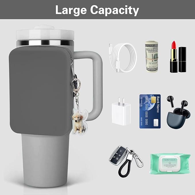 Water Bottle Pouch for Stanley Tumbler,Silicone Waterproof Fanny Pack for Stanley Cup 30/40oz Universal,Large Capacity Durable Tumbler Pouch-Gray