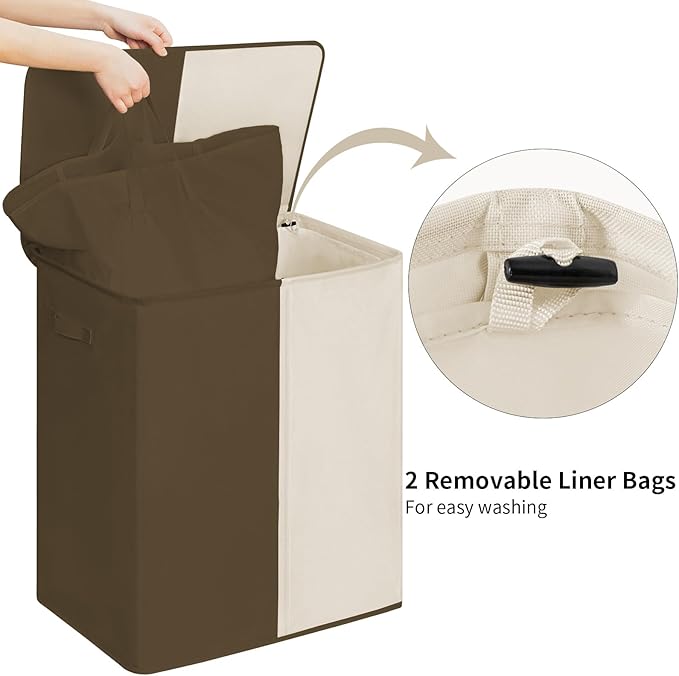 WOWLIVE Double Laundry Baseket with Lid and Removable Laundry Bags,154L Large Laundry Hamper 2 Section Collapsible Dirty Clothes Hamper for Laundry Room,College Dorm,Bathroom,Brown and Beige
