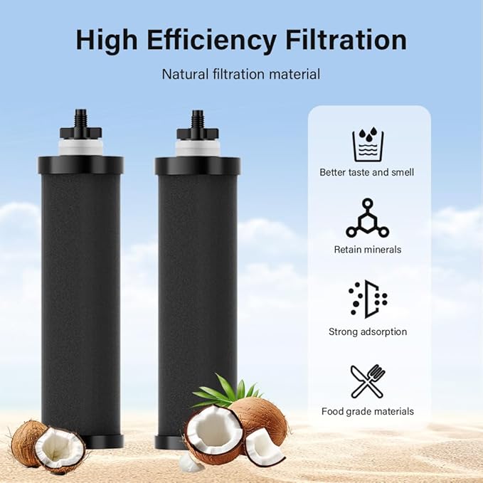 Water Filter Replacement for Berkey, Water Filter System Black Activated Carbon Block Filters Compatible with Berkey® BB9-2® Gravity Filtration System, Pack of 6