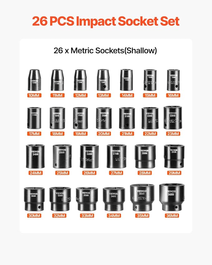 VEVOR Impact Socket Set 1/2 Inches 26 Piece Impact Sockets, Shallow Socket, 6-Point Sockets, Rugged Construction, CR-M0, 1/2 Inches Drive Socket Set Impact Metric 10mm - 36mm, with a Storage Cage