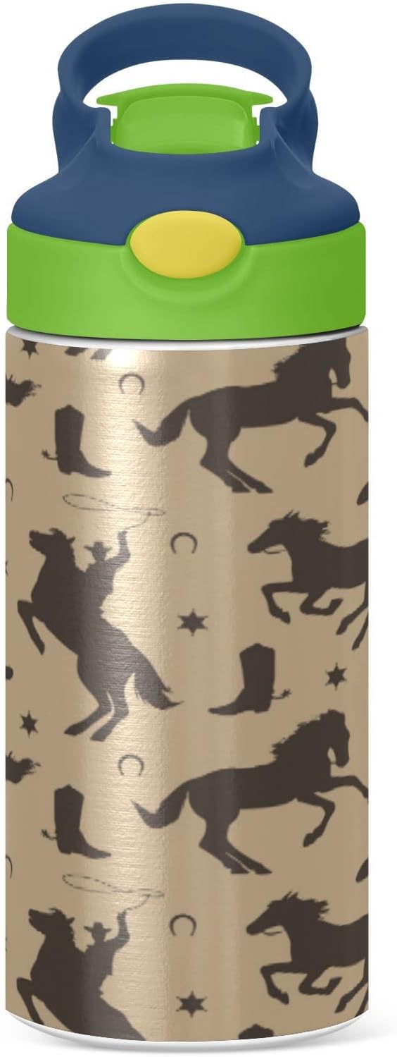 Cowboy Kids Water Bottle with Straw Male Black Horses Insulated Stainless Steel BPA-Free Sport Bottles for Boys Girls Toddlers 12 oz Green Lid