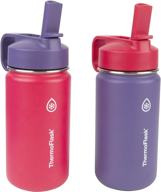 ThermoFlask 14 oz Double Wall Vacuum Insulated Stainless Steel 2-Pack of Water Bottles, Punch/Eggplant