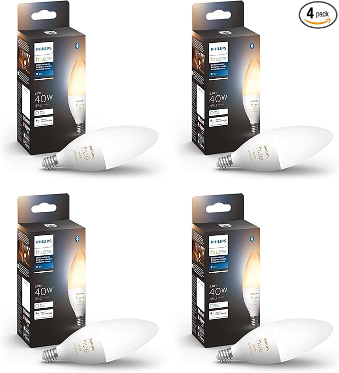 Philips Hue 40W B39 Candle-Shaped Smart LED Light Bulbs - Warm-to-Cool White Ambiance - 4 Pack - 450LM - E12 - Indoor - Control with Hue App - Works with Voice Assistants