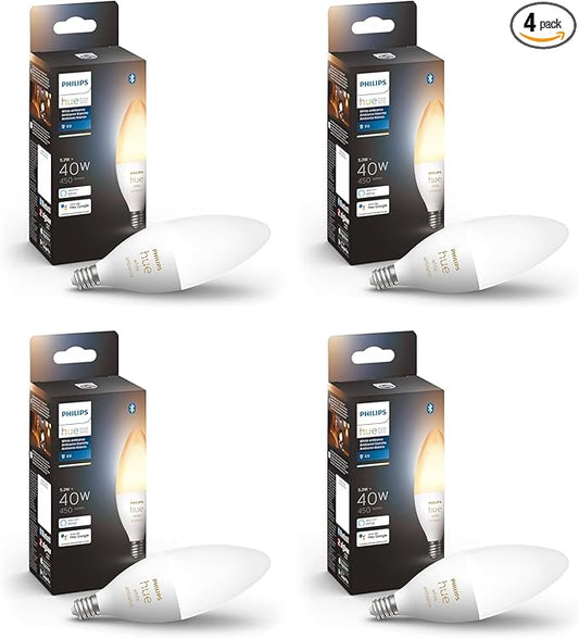 Philips Hue 40W B39 Candle-Shaped Smart LED Light Bulbs - Warm-to-Cool White Ambiance - 4 Pack - 450LM - E12 - Indoor - Control with Hue App - Works with Voice Assistants