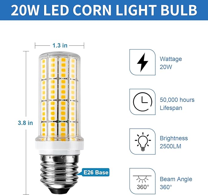 LED Light Bulb 2500lumen 200w Equivalent Super Bright 3000K Warm Daylight White 20W LED Bulbs Waterproof E26/E27 Medium Base for Outdoor Indoor Home Garage Backyard LED Corn Light Bulb Pack of 4