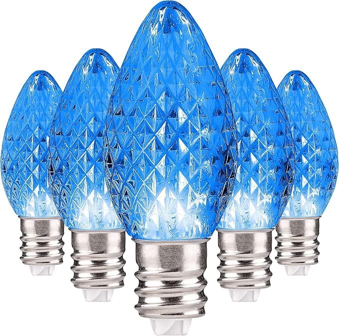 Holiday Lighting Outlet Faceted C7 Christmas Lights | Blue LED Light Bulbs Holiday Decoration | Warm Christmas Decor for Indoor & Outdoor Use | 2 SMD LEDs in Each Light Bulb | Set of 25