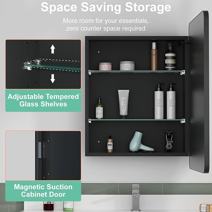 20x28 Inch Medicine Cabinet with Mirror, Recessed or Surface Mount Bathroom Medicine Cabinet with LED Lights, Anti-Fog, Memory Function, Adjustable Shelf, Dimmable Light, ETL Listed, Black,Right Hinge