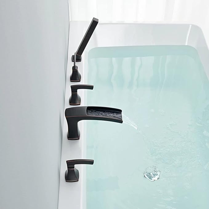 Waterfall Roman Tub Faucet Bathtub Faucets Oil Rubbed Bronze Deck Mount Tub Filler 5 Hole Brass Bathroom Faucets with Hand Shower