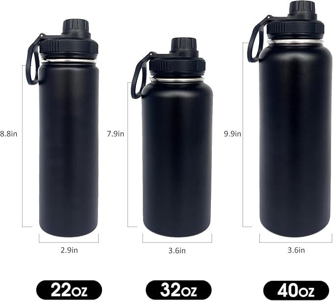 4pack 40 oz Insulated Water Bottle With Straw, Stainless Steel Sports Water Cup Flask with 2 Lids, Wide Mouth Travel Thermal Mug,Black