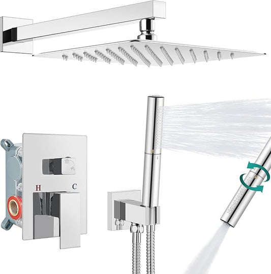 Aolemi Shower System with Rainfall Shower Head and Handheld Wall Mount,High Pressure Shower Faucet Set Fixture Combo with 2 in 1 Handheld Spray Rough-in Valve,10 Inch Shower Head Polish Chrome