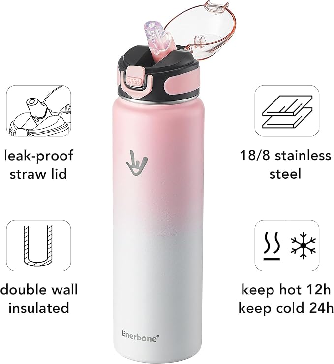 Enerbone Insulated Water Bottle, 32 oz Stainless Steel Water Bottles with Carrying Strap, Double-Wall Vacuum Insulation Thermos, Leakproof Sports Bottle with Straw, Keep Drinks Hot or Cold for Hours