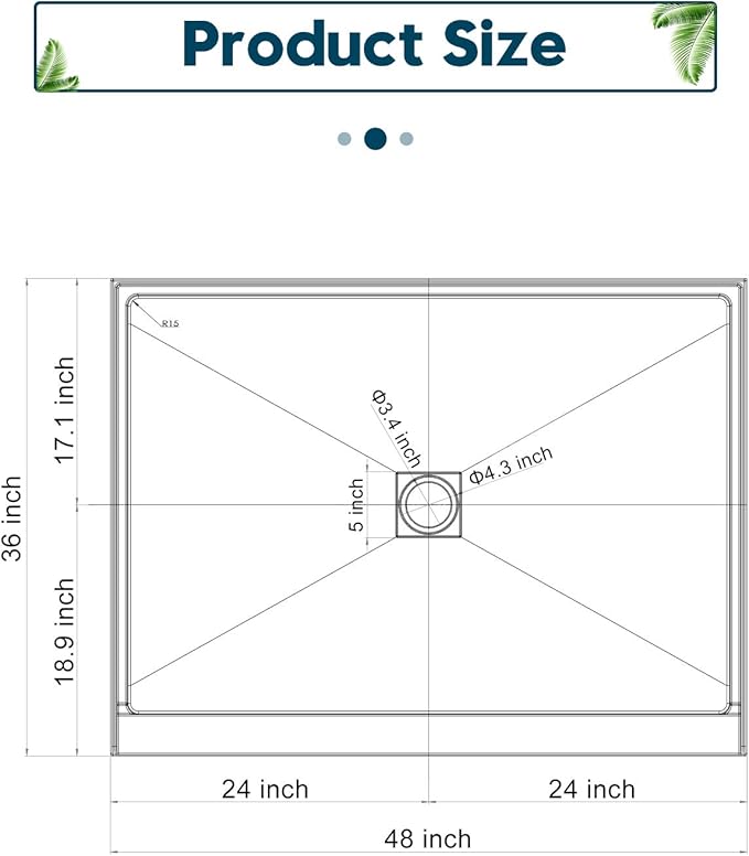 ELEGANT Shower Base 48'' L x 36'' W x 4'' H Center Drain Single Threshold Shower Base Pan Non-Slip Stainless Steel Shower Drain Cover Included