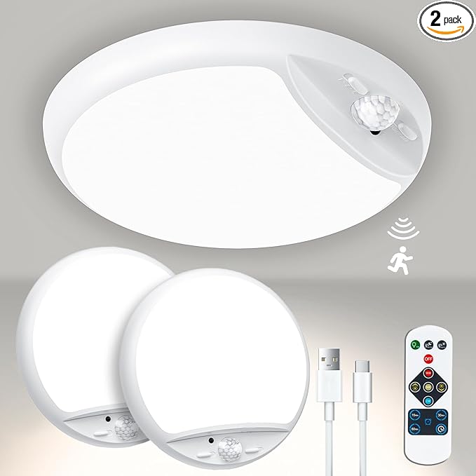 Rechargeable Motion Sensor Light with Remote,7.5inch 600LM 10000mAh Battery Powered Ceiling Light Motion Sensor Battery Operated Lights indoor,Battery Pir Light for Loft Garage Hallway Bathroom-2Pack