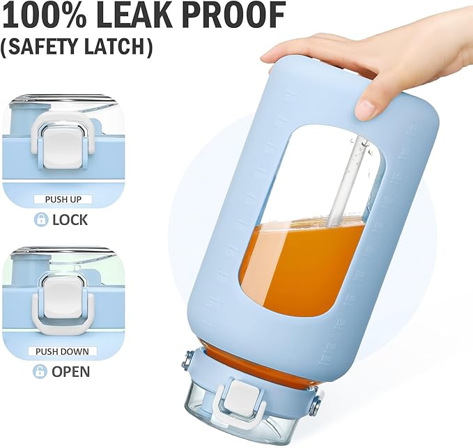 84oz Glass Water Bottle with Stainless Steel Handle,2.5L Gallon Water Bottle With 2-IN-1 Straw Lid, Silicone Sleeve and Motivational Capacity Marker, Wide Mouth Water Jug For Gym, Workout, Blue