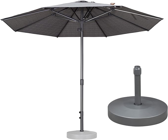 PURPLE LEAF 10 FT Semi-Auto Outdoor Patio Umbrella with Base Market Table Sun Umbrellas with 8 Aluminum Sturdy Ribs for Backyard Deck Garden Pool (Gray Pole Gray Canopy)