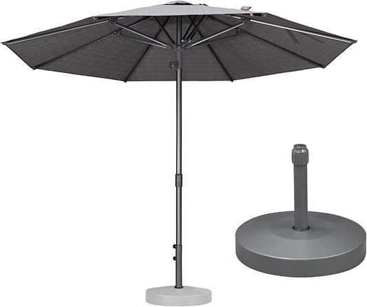 PURPLE LEAF 10 FT Semi-Auto Outdoor Patio Umbrella with Base Market Table Sun Umbrellas with 8 Aluminum Sturdy Ribs for Backyard Deck Garden Pool (Gray Pole Gray Canopy)