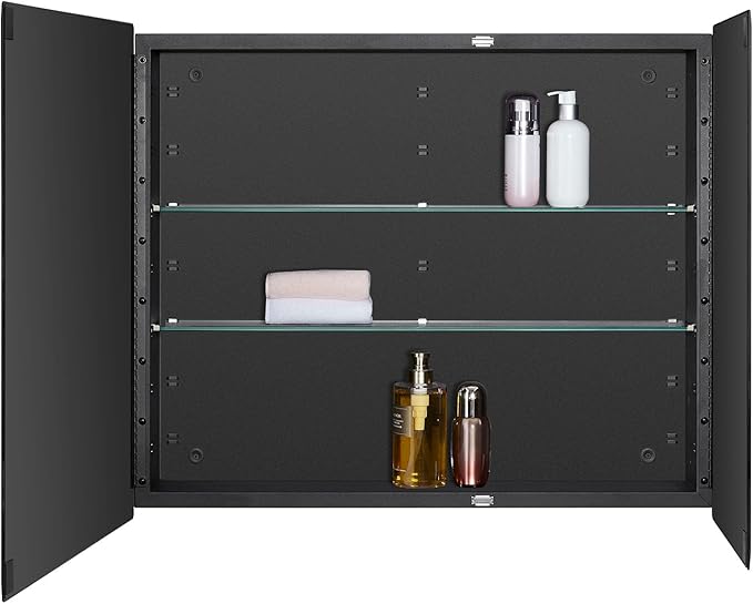 Black Bathroom Medicine Cabinet with Beveled Edge Mirrored Door 30 x 26 inch, Recessed or Surface Mount, with Adjustable Glass Shelves