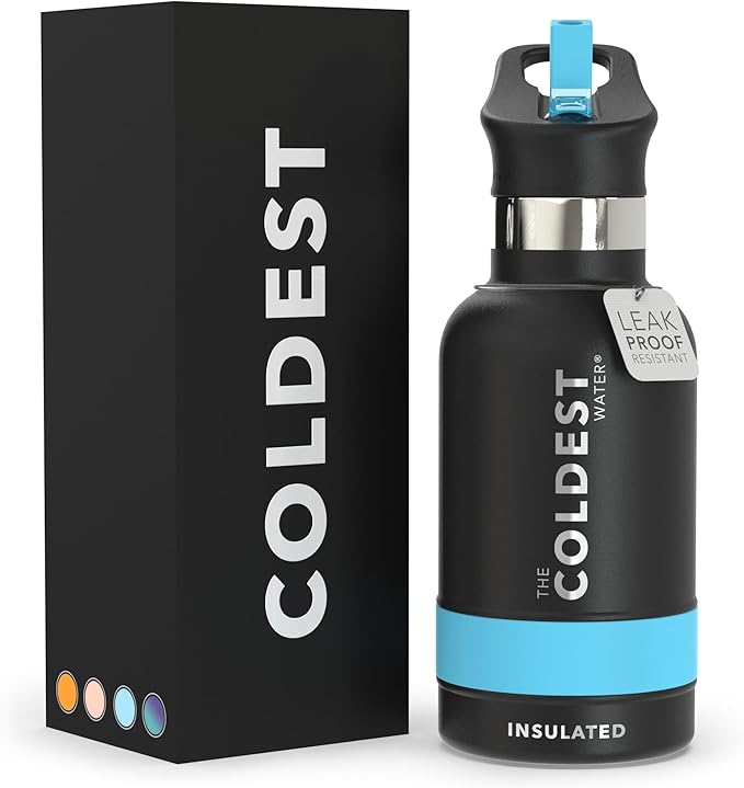 Coldest Water Bottle with Standard Mouth Straw Lid Metal Thermos Vacuum Insulated Stainless Steel l Reusable Leak Proof Cupholder Flask (12 oz, Stealth Black)